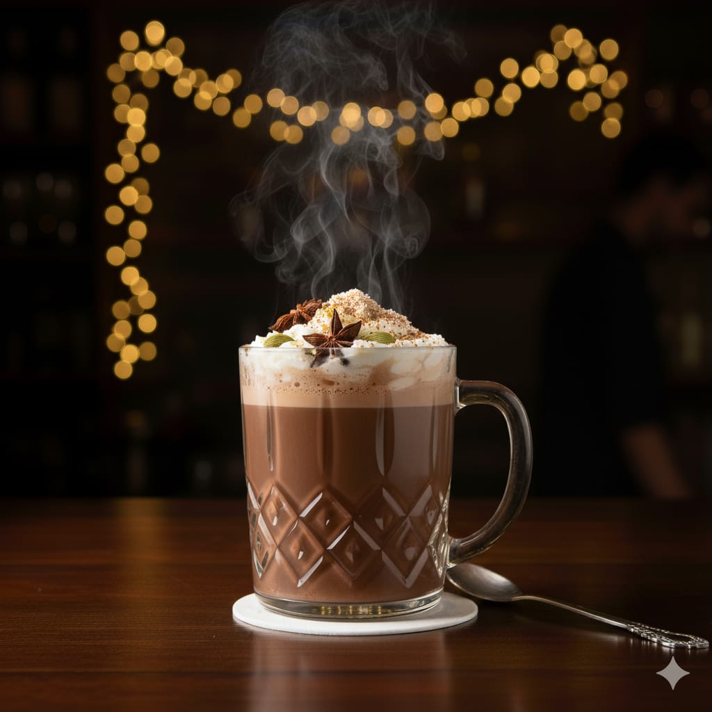 Masala Hot Chocolate mug with cinnamon stick and cardamom