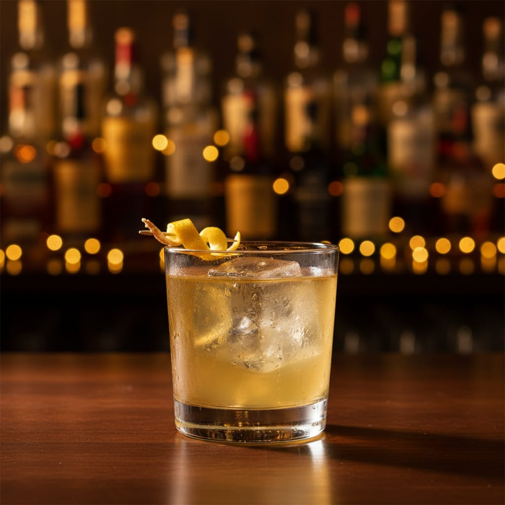 Penicillin Cocktail: A close-up of the smoky, ginger-infused drink with a lemon twist.