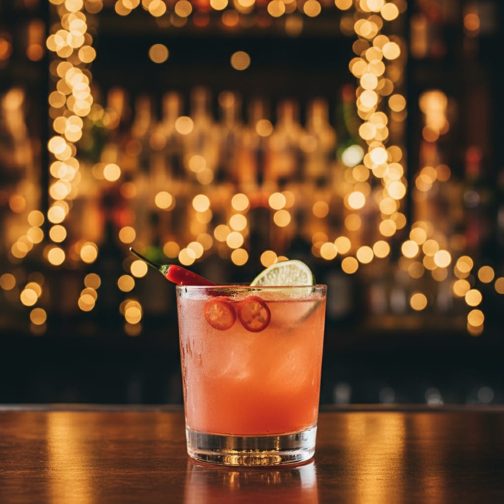 Picante Cocktail: A close-up of a vibrant, spicy tequila cocktail garnished with a jalapeño slice.