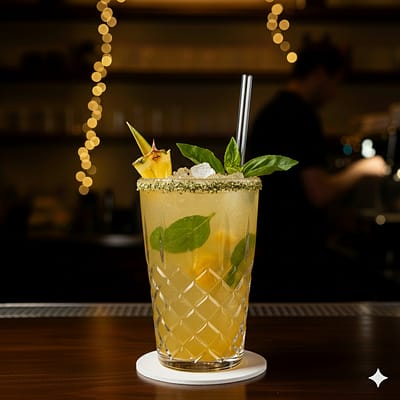 ManvsDrinks - Find Your Perfect Drink | 250+ Cocktail, Mocktail & Recipe Hub | ManVsDrinks Pineapple tulsi cooler with basil leaves
