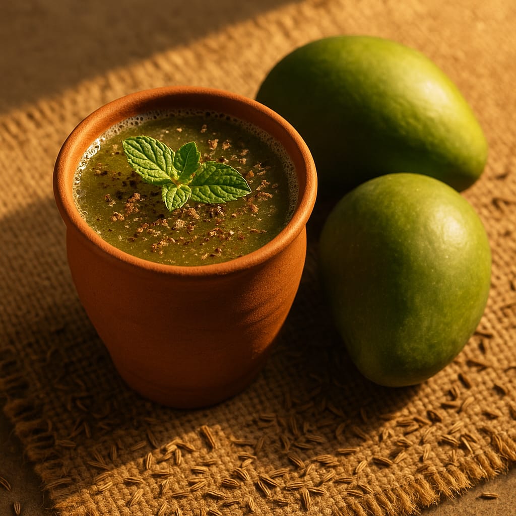 Nirjala Ekadashi Drinks 2026: 5 Sharbats to Distribute + Bulk Calculator | ManVsDrinks Aam Panna in terracotta kulhad — raw green mango summer cooler with mint and black salt for Indian summer
