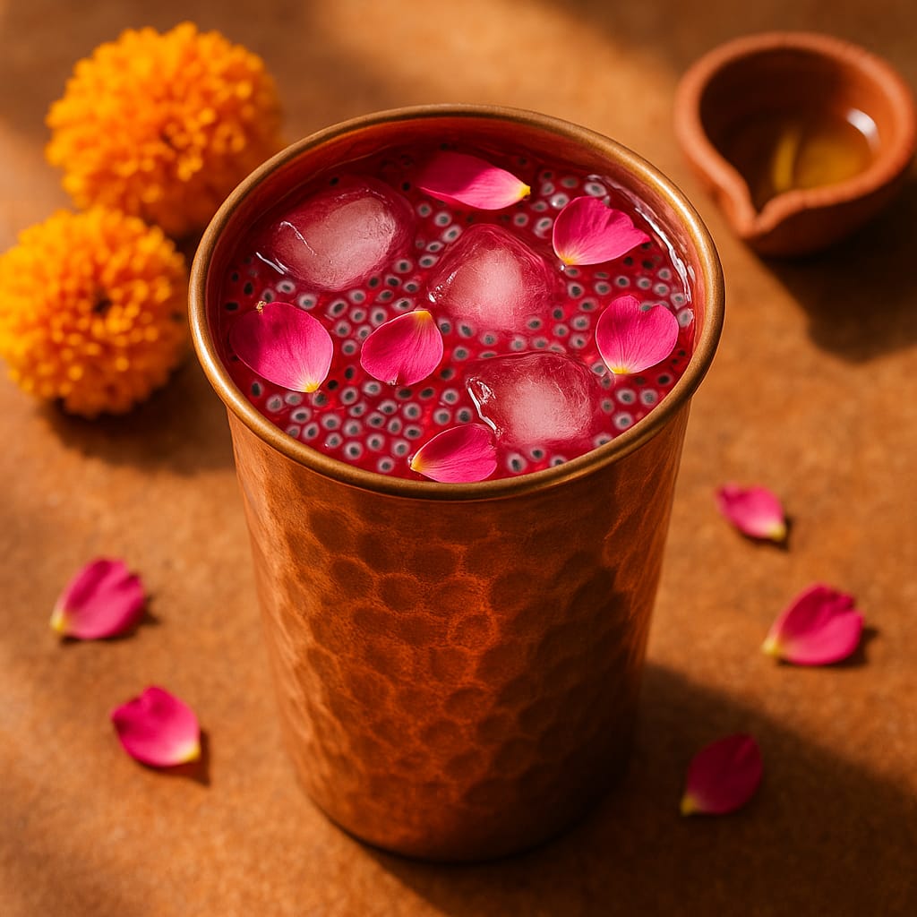 Nirjala Ekadashi Drinks 2026: 5 Sharbats to Distribute + Bulk Calculator | ManVsDrinks Rooh Afza Chabeel — pink rose sharbat in copper glass with basil seeds, traditional Indian Nirjala Ekadashi drink