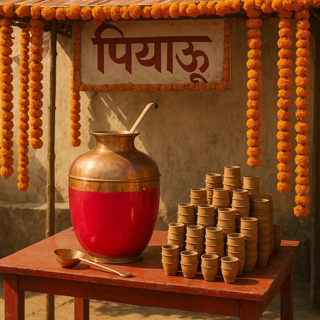 Nirjala Ekadashi Drinks 2026: 5 Sharbats to Distribute + Bulk Calculator | ManVsDrinks Traditional Indian Piyaoo sharbat distribution stall on Nirjala Ekadashi with copper urn and kulhad cups